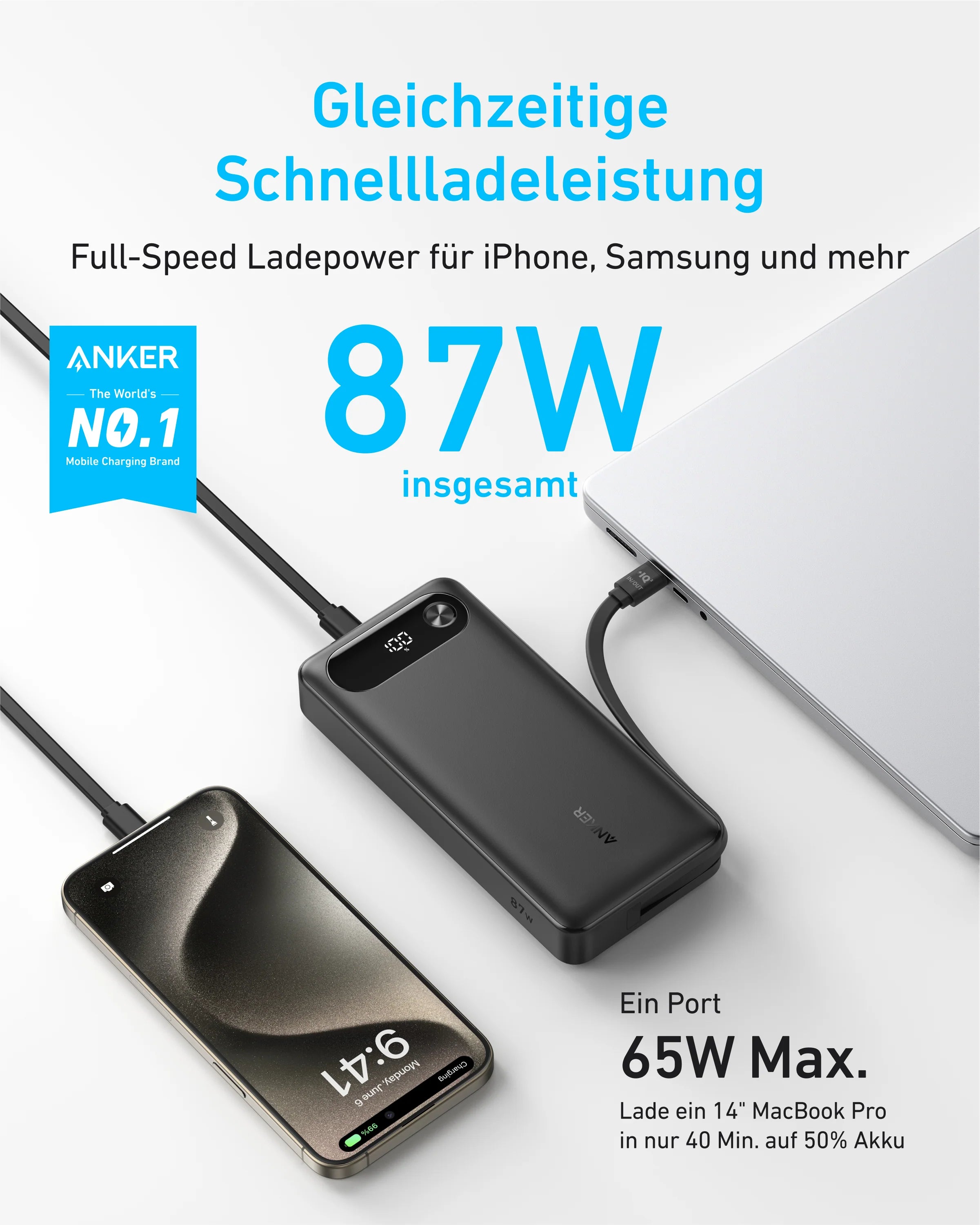 Anker 20K 65W Power Bank with Built-In USB-C Cable A1383011