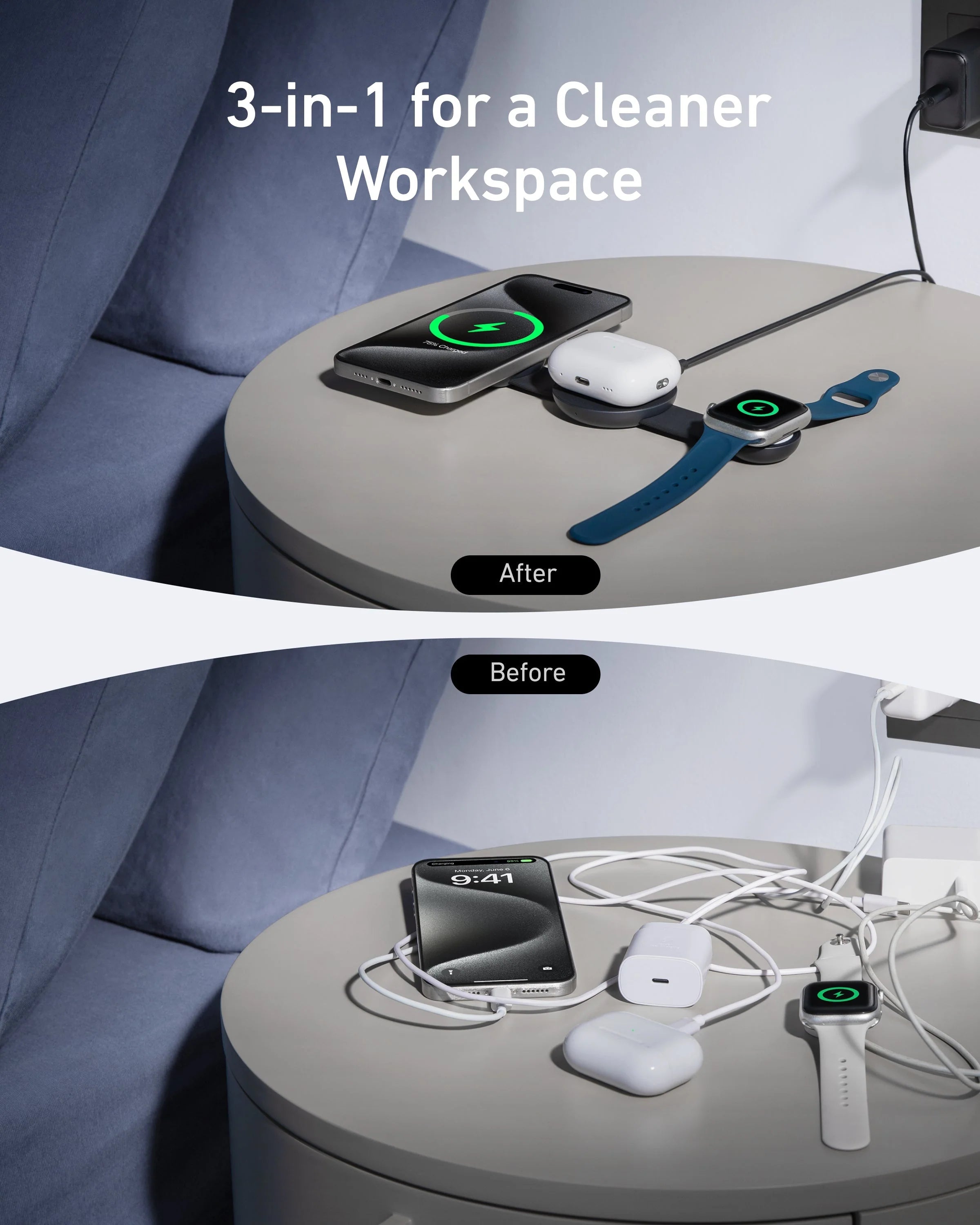 Anker MagGo 3-in-1 Wireless Charging Station (Foldable Pad) - Black B25M8T11