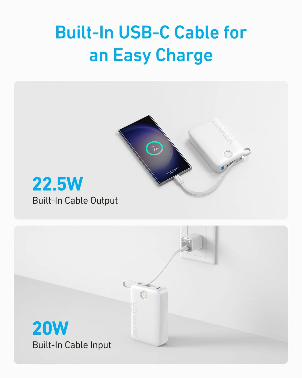 Anker 20000mAh 22.5W Power Bank with Built-In USB-C Cable - Purple A1647HV1