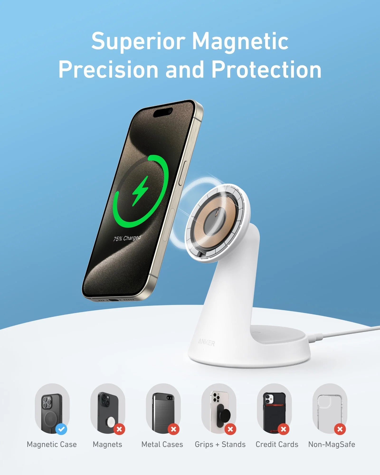 Anker MagGo 2-in-1 Dock Stand 15W Wireless Charger - White A25M7H21