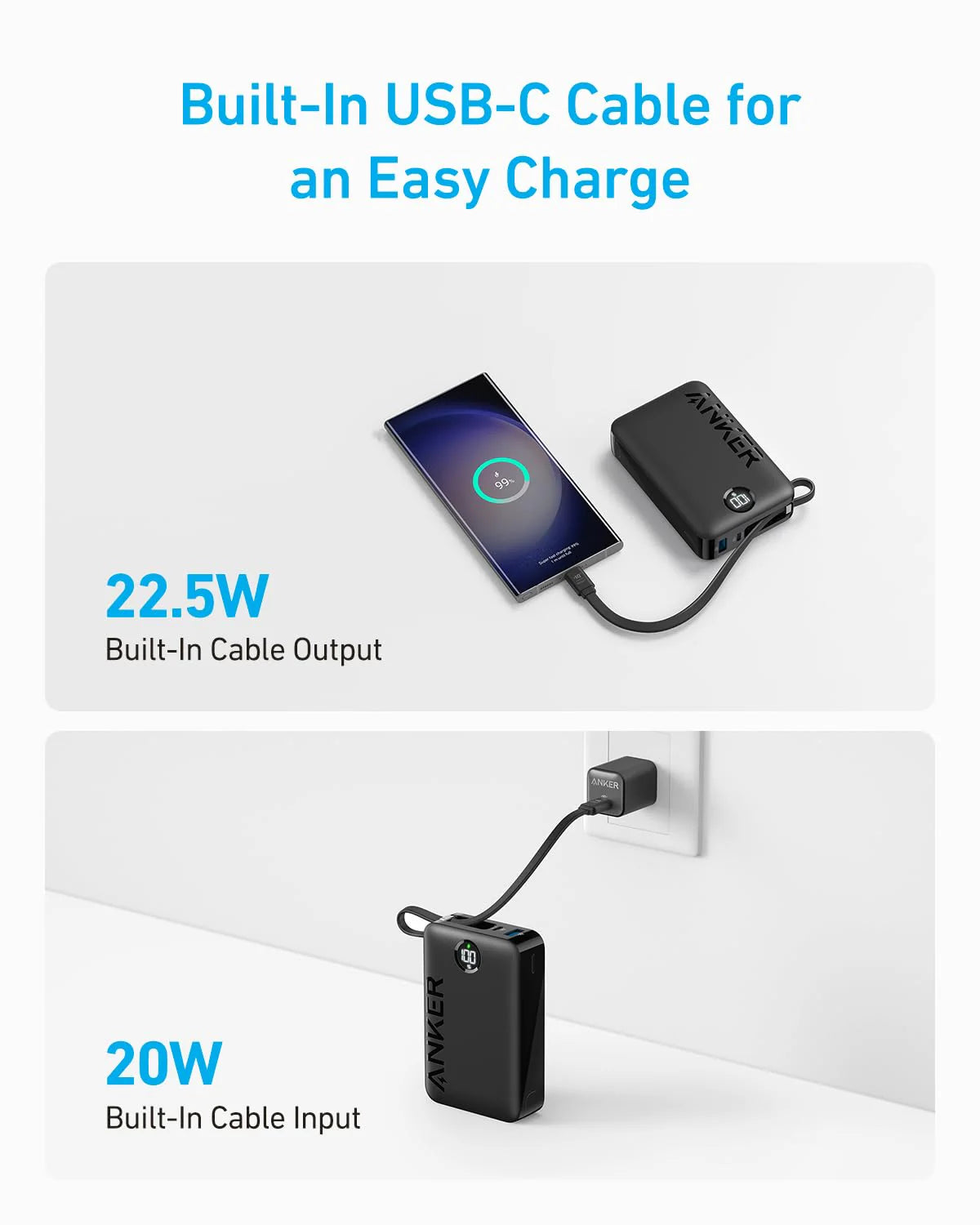 Anker 20000mAh 22.5W Power Bank with Built-In USB-C Cable - Black A1647H11