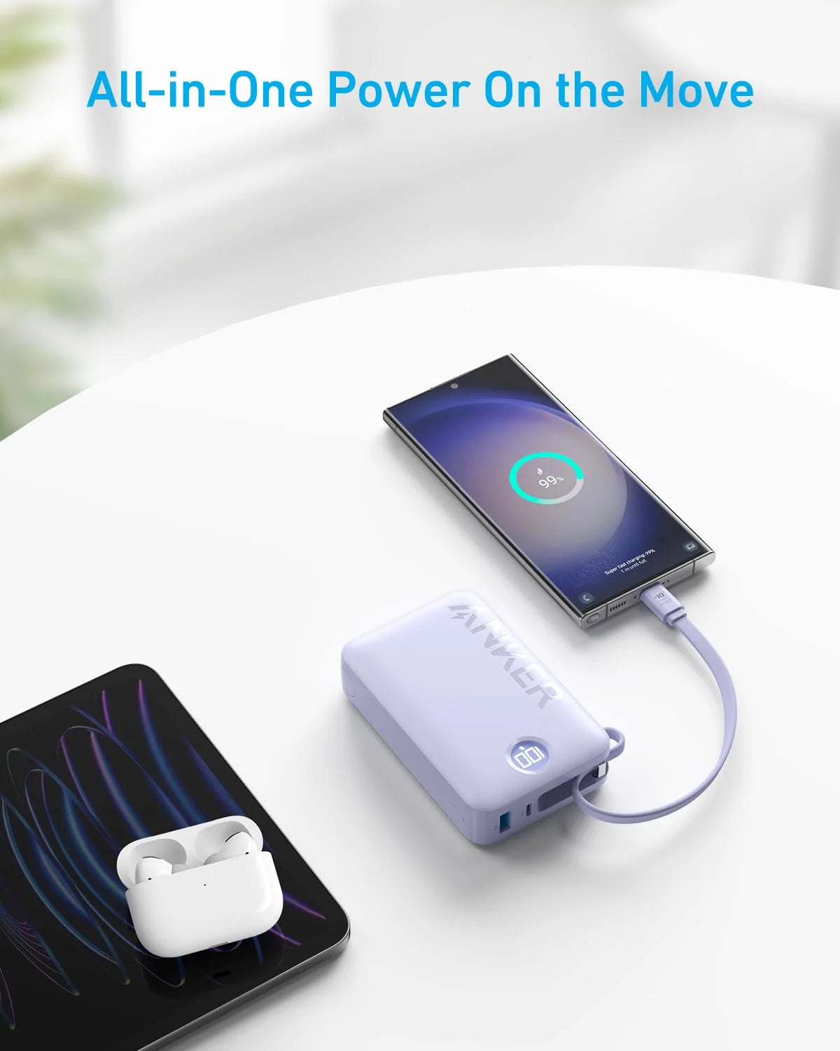 Anker 20000mAh 22.5W Power Bank with Built-In USB-C Cable - Purple A1647HV1